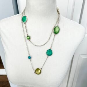 Chico's Long Two Way Green Faceted Bead Station Necklace on Silver Tone Chain